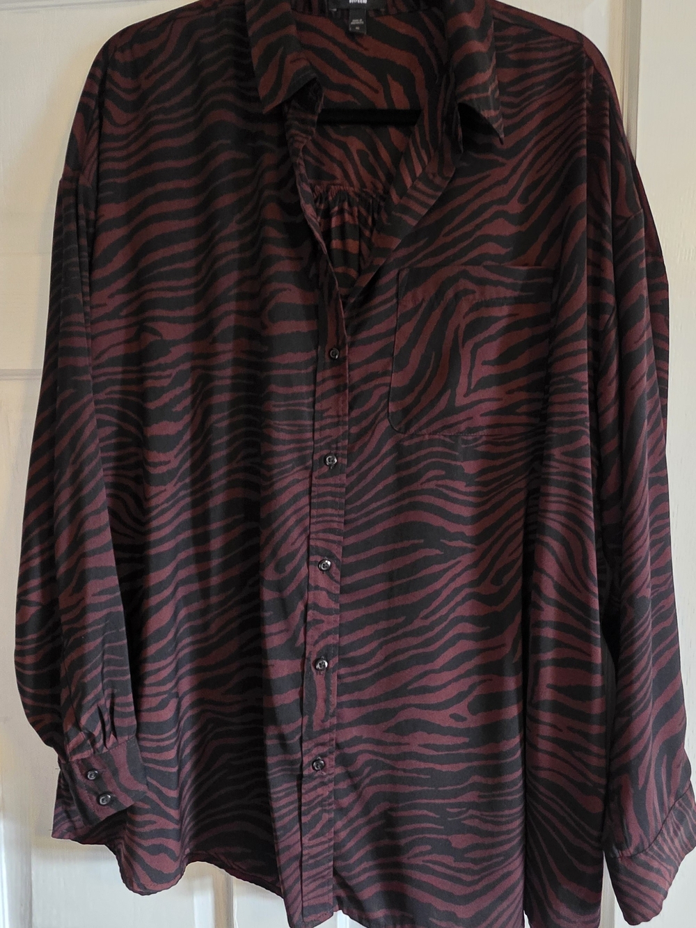 Express Women's Black and Brown Zebra-Print Button-Front Shirt, Size XL